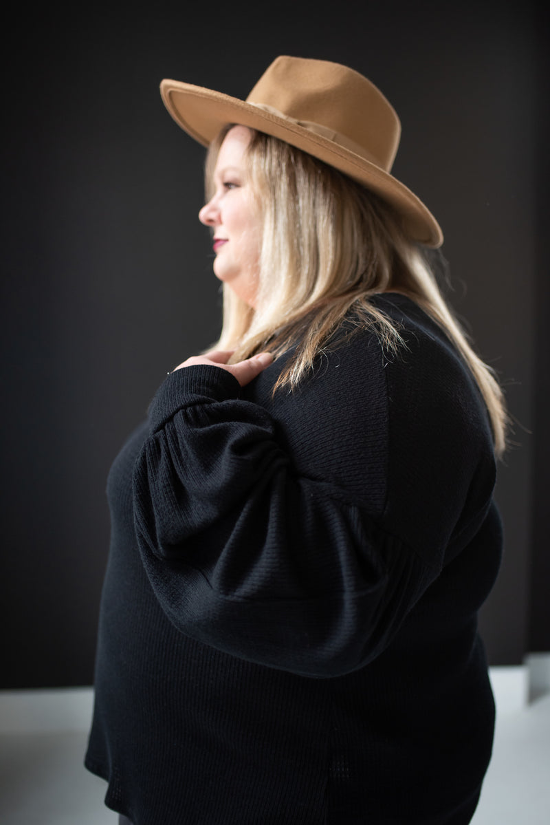 Black V Neck Waffle with Balloon Sleeve