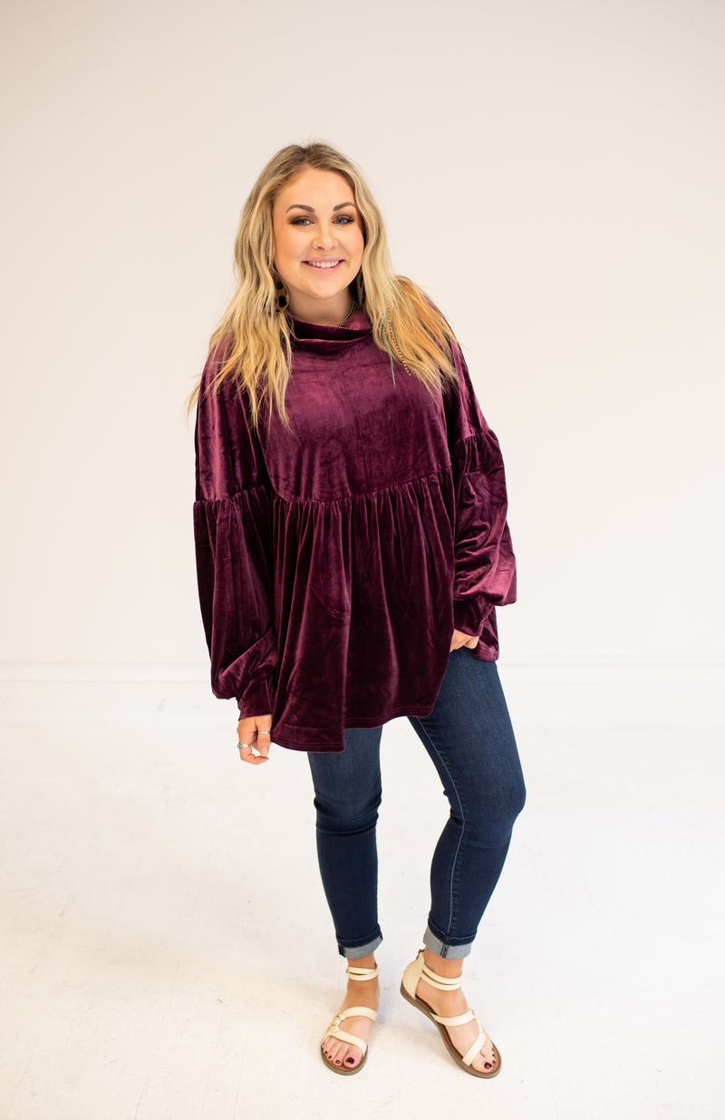 Plum Velvet Cowl Neck Long Sleeve