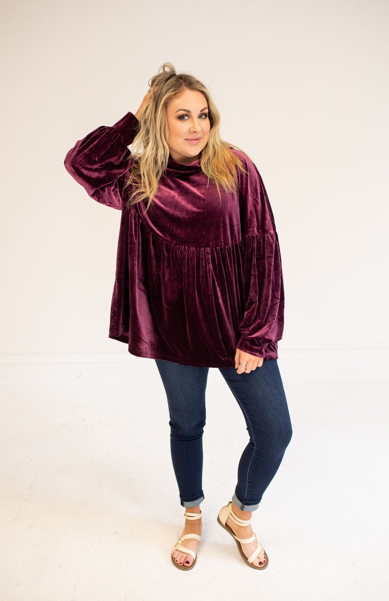 Plum Velvet Cowl Neck Long Sleeve