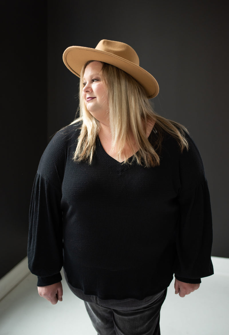 Black V Neck Waffle with Balloon Sleeve