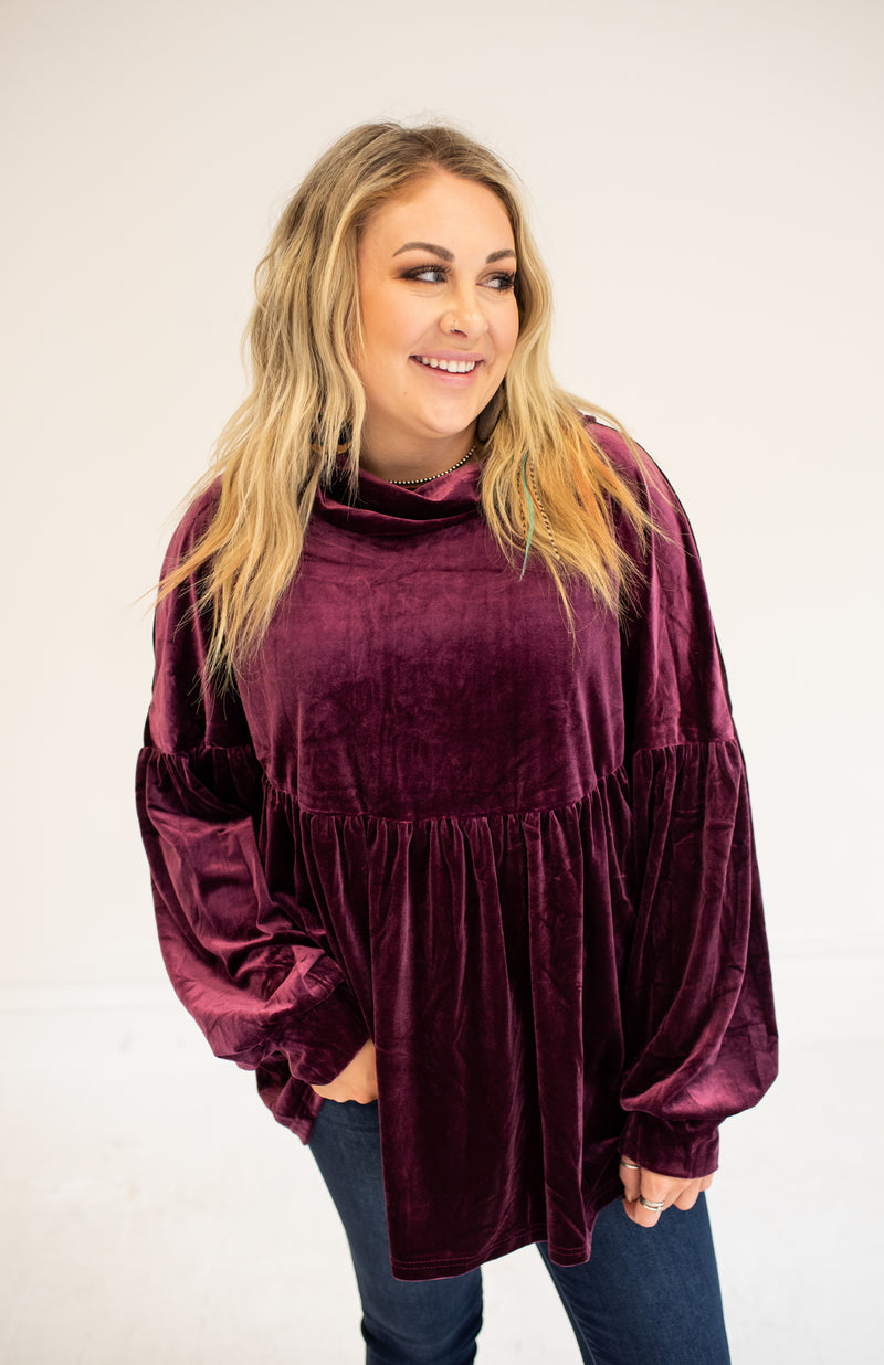 Plum Velvet Cowl Neck Long Sleeve