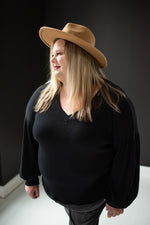 Black V Neck Waffle with Balloon Sleeve
