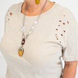 Metal Necklace with Crystal Chain Accent & Agate Stone