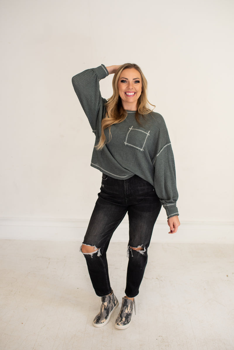 Distressed Black Stretch Mom Jean