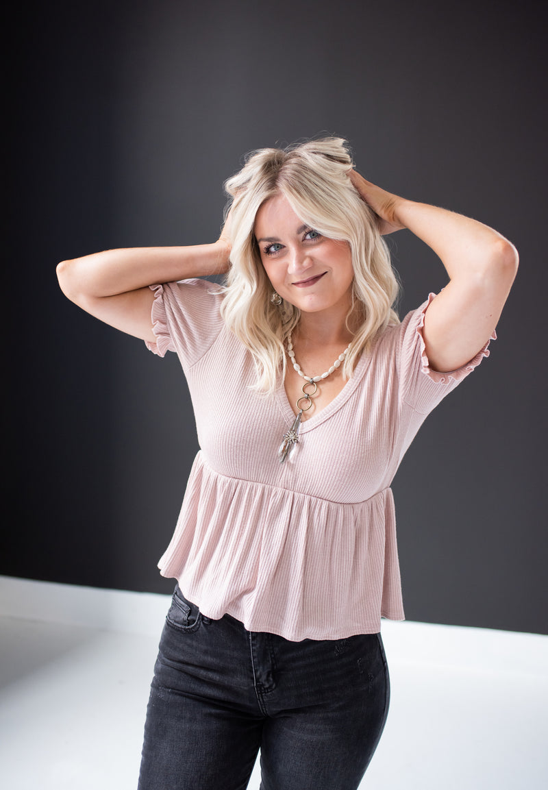 Dusty Rose Ribbed Flutter Top