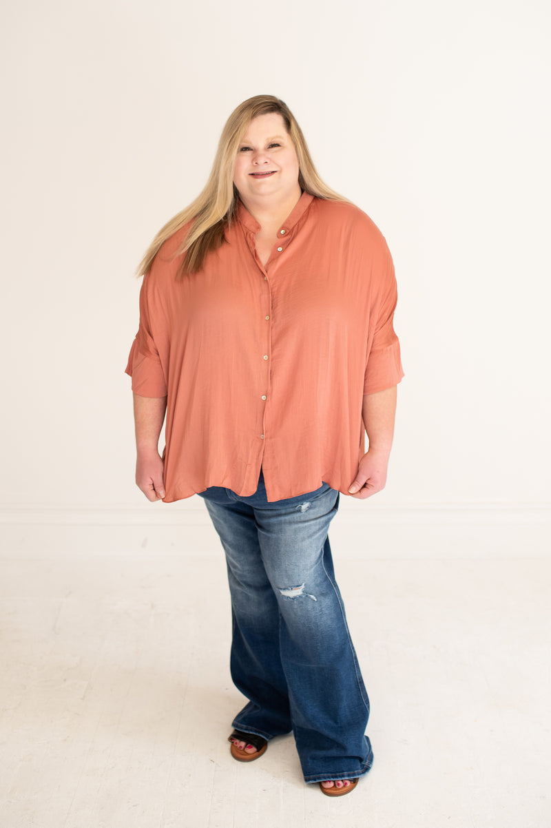 Rose Clay Washed Satin Button Down Loose Fit Top