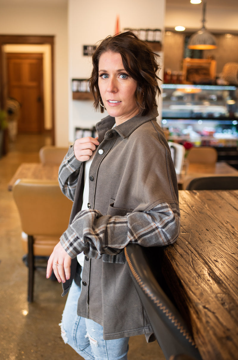Ash Charcoal + Plaid Terry Button Up Shacket