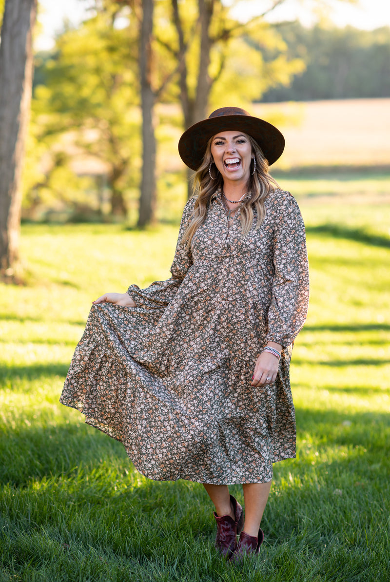 Light Olive Floral Print Long Puff Sleeve Tiered Maxi Dress