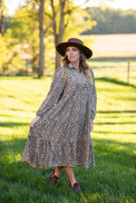 Light Olive Floral Print Long Puff Sleeve Tiered Maxi Dress