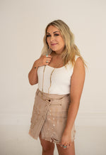 Cross Front Distressed Mauve Denim Skirt