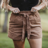 Camel Corduroy Shorts with Waist Tie