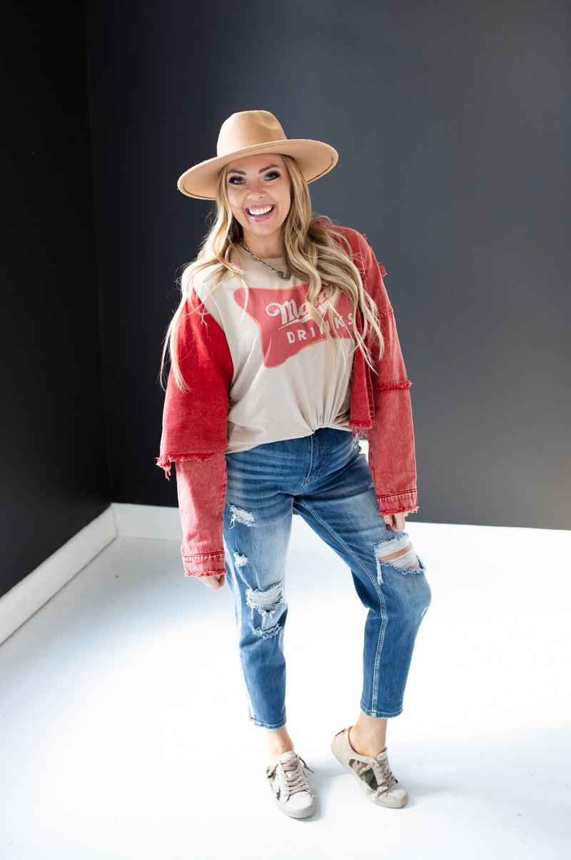 Distressed Marsala Button Down Jacket with Studs