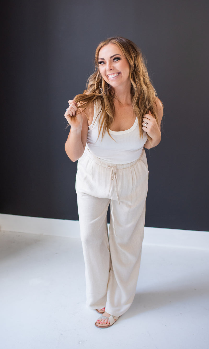 Oatmeal Wide Leg Linen Pants
