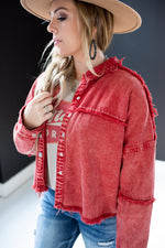 Distressed Marsala Button Down Jacket with Studs