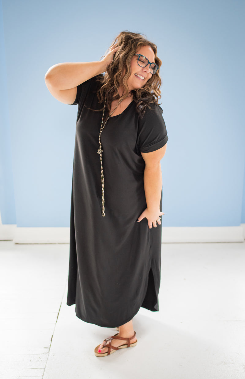 Black Cuffed Sleeve Maxi Dress