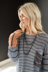Lt. Blue & Tangerine Stripe Sweater Top with Front Pocket