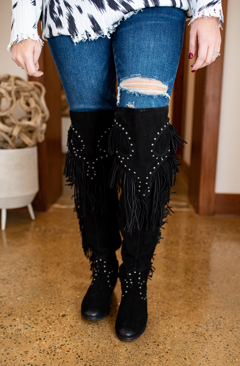 Black Suede Over the Knee Fringe Boot