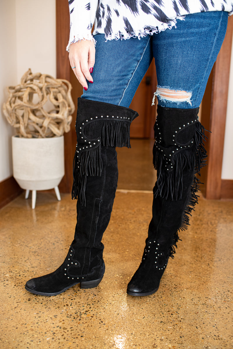 Black Suede Over the Knee Fringe Boot