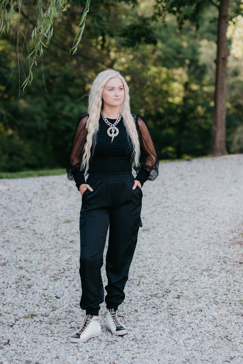 Black Cargo Jogger Pant with Elastic Waistband + Side Pockets