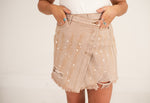 Cross Front Distressed Mauve Denim Skirt