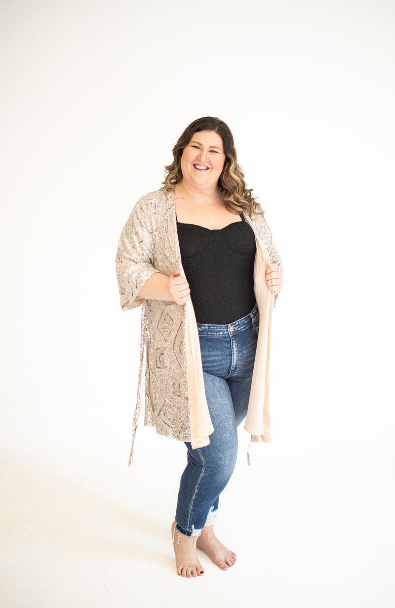 Champagne Sequin Duster with Waist Tie