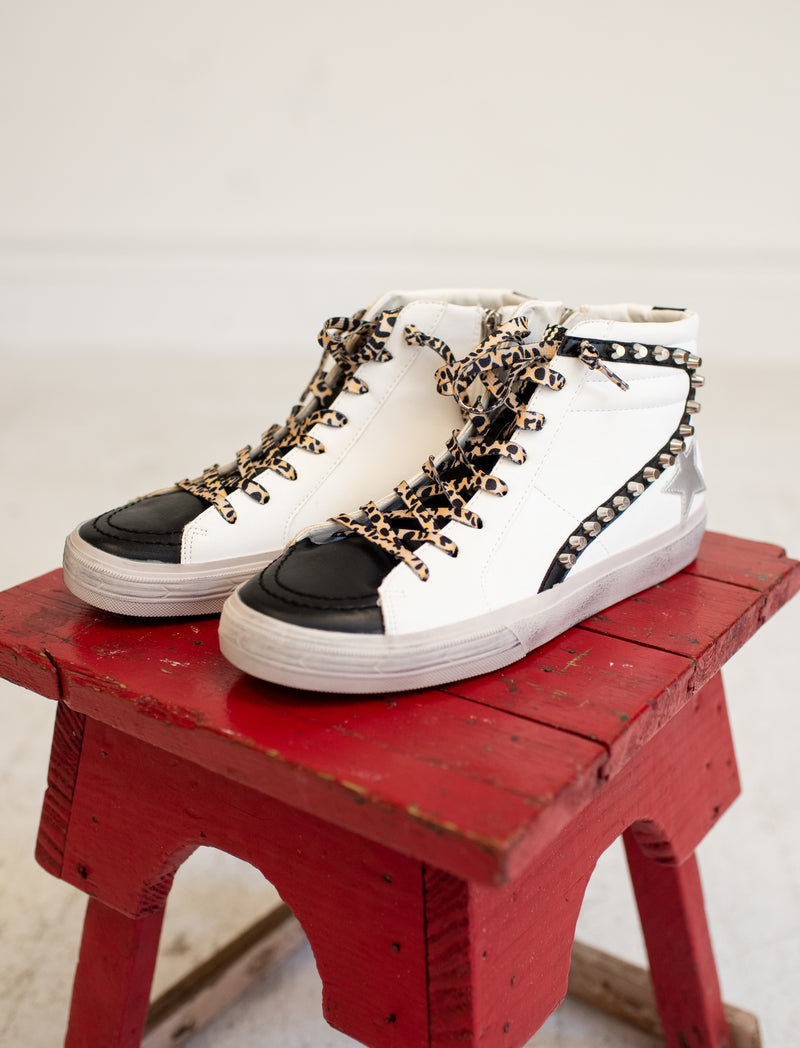 White High Top Silver Star Sneaker with Studded Detail