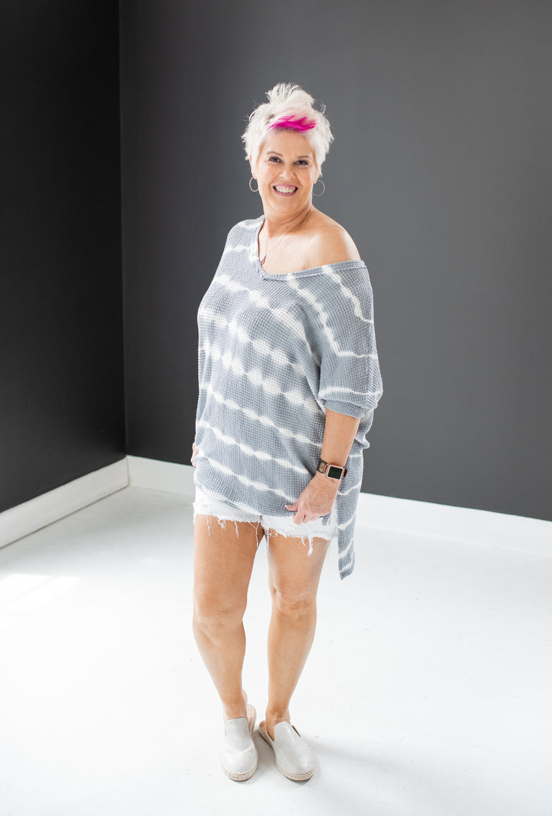 Grey Thermal Knit Tie Dyed Hi Low Top