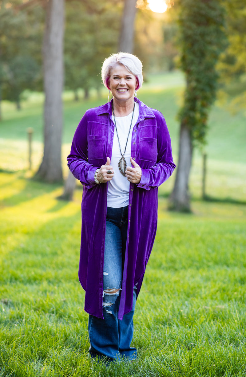Violet Velvet Long Button Front Duster / Dress