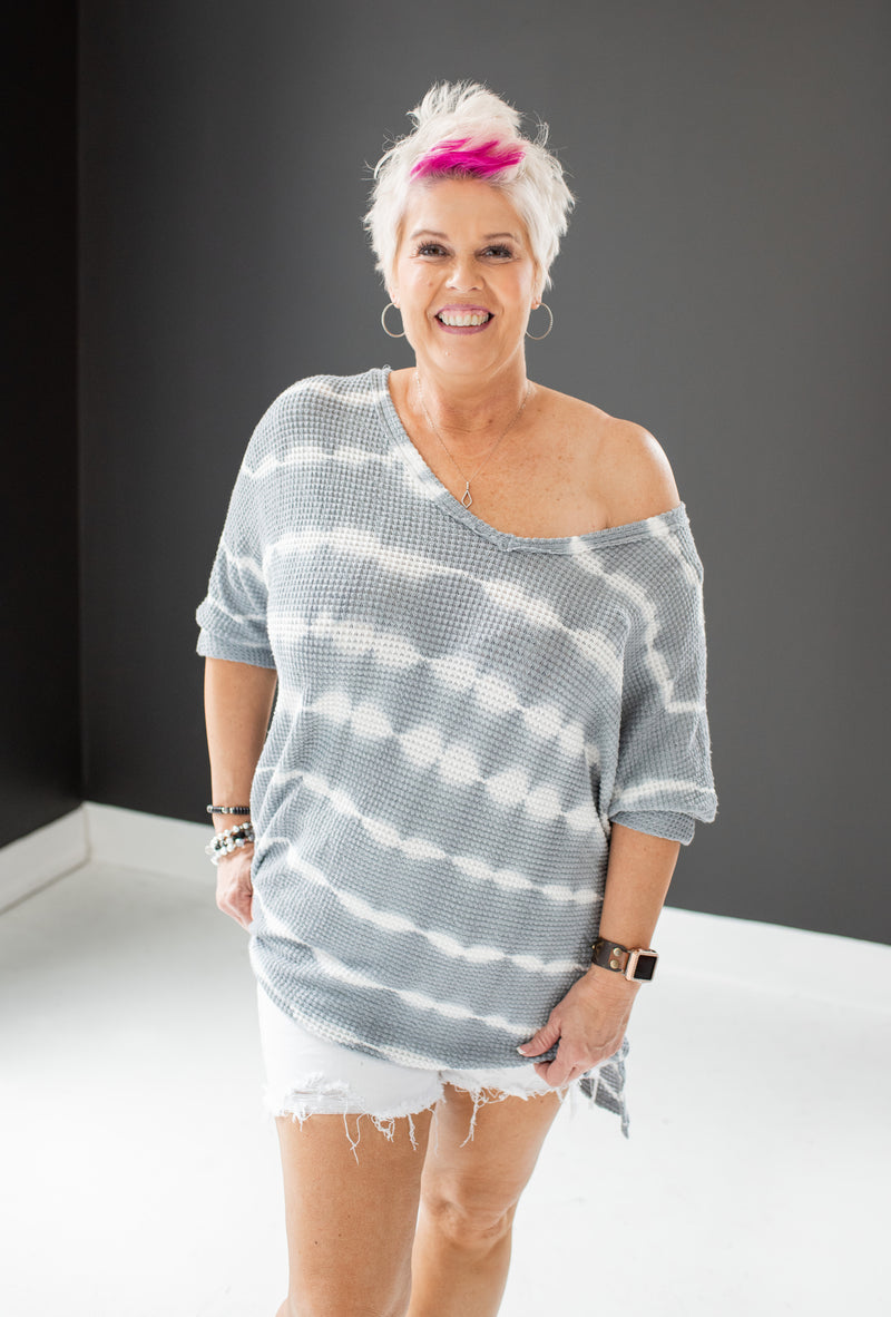 Grey Thermal Knit Tie Dyed Hi Low Top