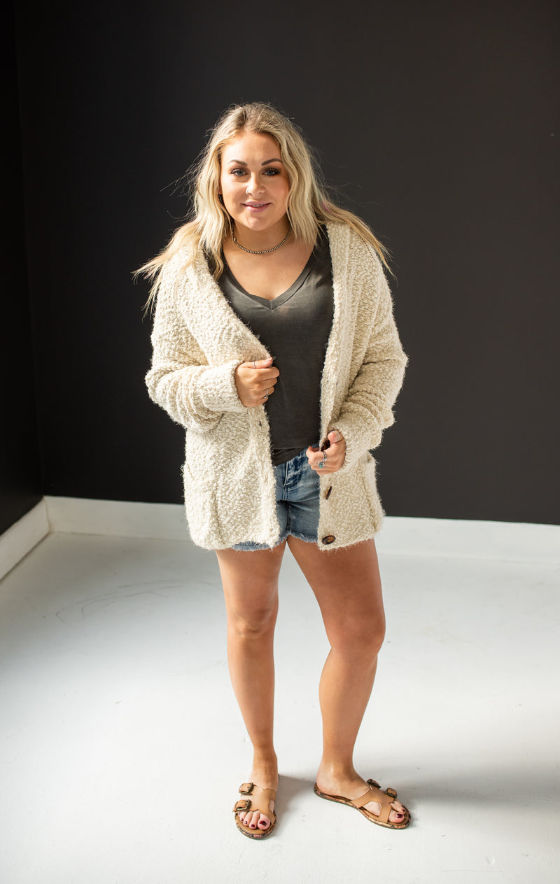 Beige Cozy + Fuzzy Button Front Sweater