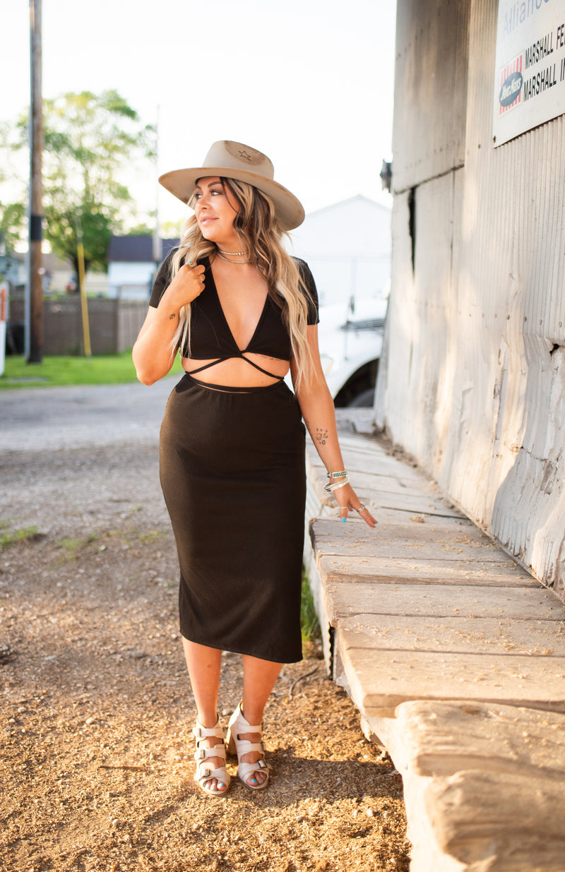 Black Wrap Top Crop + Midi Skirt SET