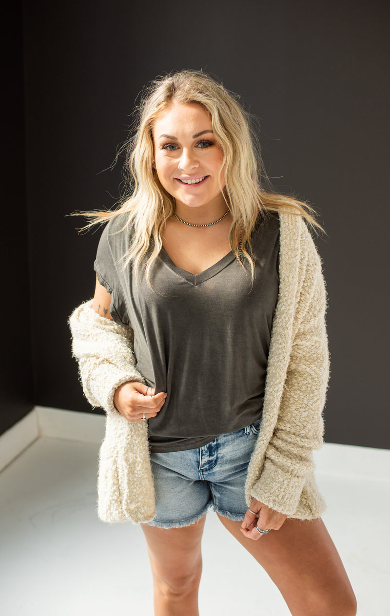 Beige Cozy + Fuzzy Button Front Sweater