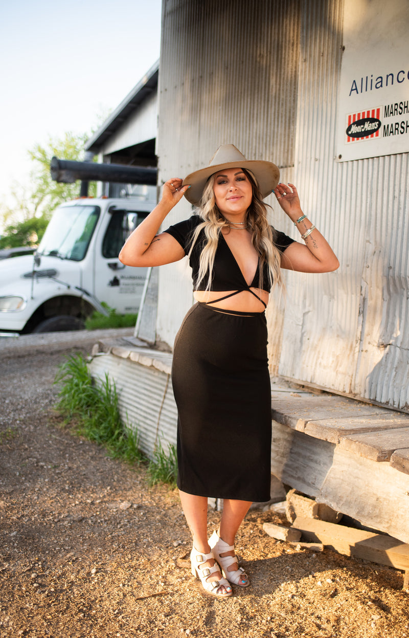 Black Wrap Top Crop + Midi Skirt SET