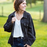 Black Elastic Waist Washed Denim Jacket