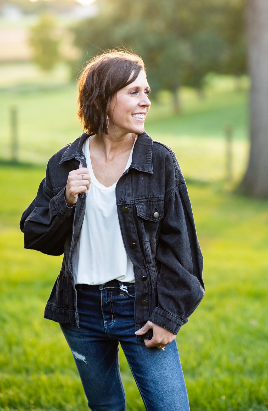 Black Elastic Waist Washed Denim Jacket