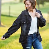 Black Elastic Waist Washed Denim Jacket