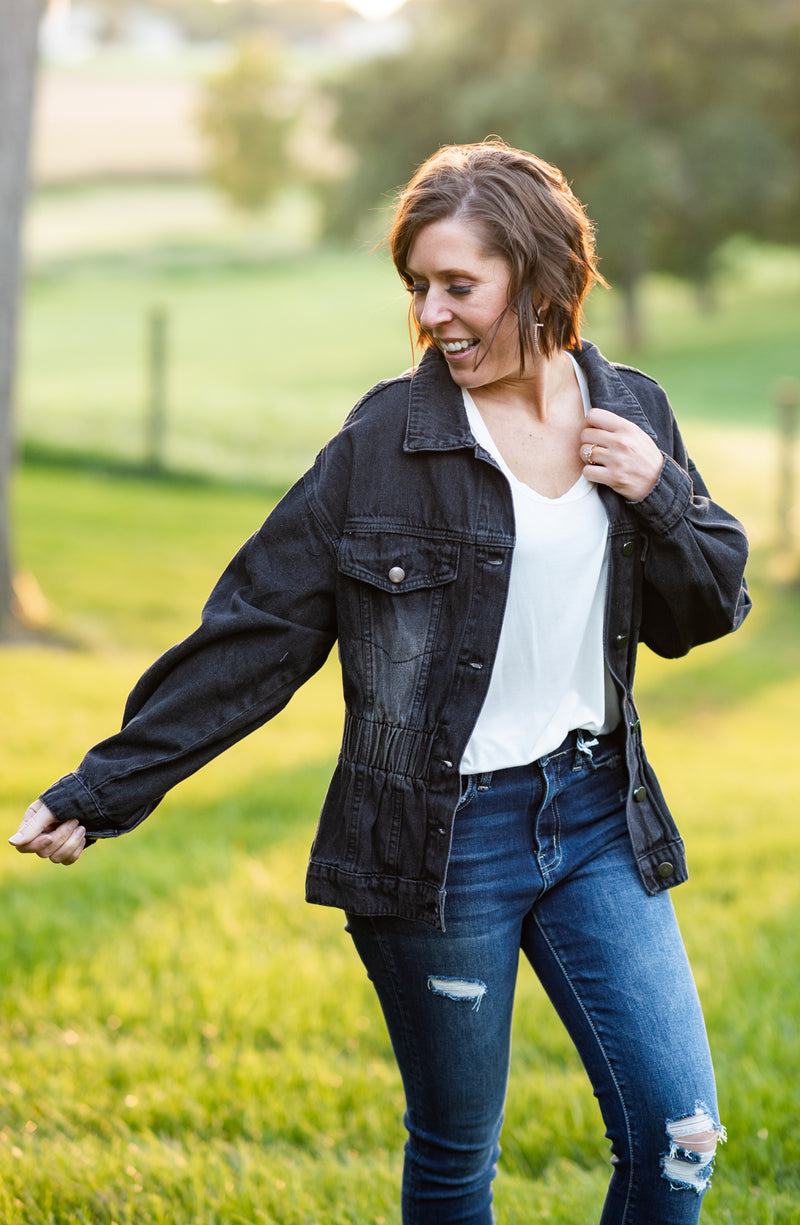 Black Elastic Waist Washed Denim Jacket