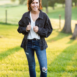 Black Elastic Waist Washed Denim Jacket