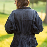 Black Elastic Waist Washed Denim Jacket