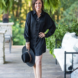 Black Satin Button Down Tunic Dress