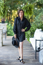 Black Satin Button Down Tunic Dress