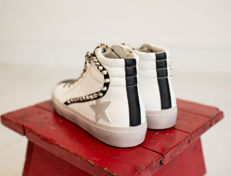 White High Top Silver Star Sneaker with Studded Detail