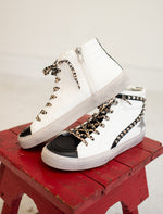 White High Top Silver Star Sneaker with Studded Detail