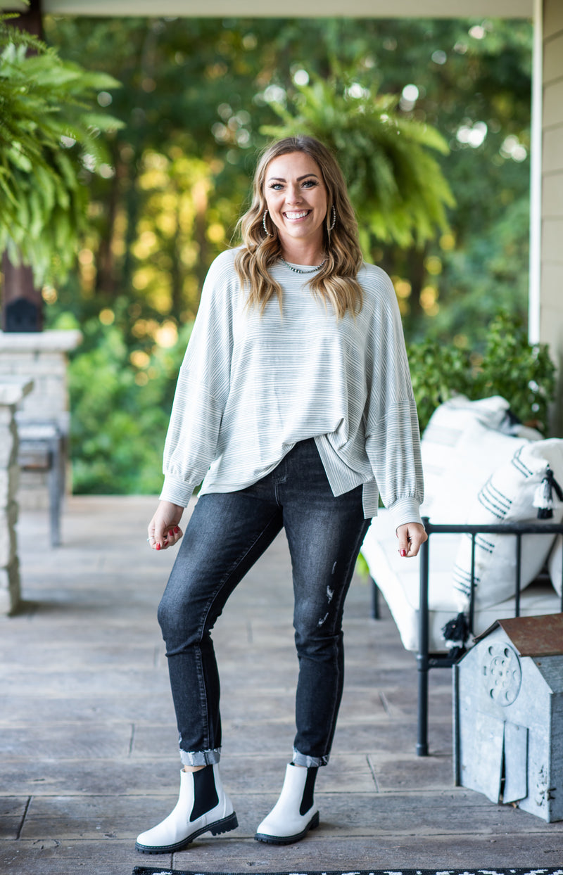 Oatmeal + Grey Thin Stripe Dolman Pullover