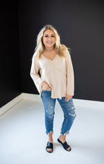 Almond Washed Long Sleeve with Rivets V Neck