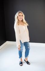 Almond Washed Long Sleeve with Rivets V Neck