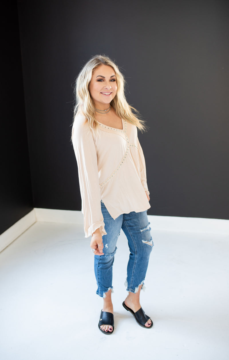 Almond Washed Long Sleeve with Rivets V Neck