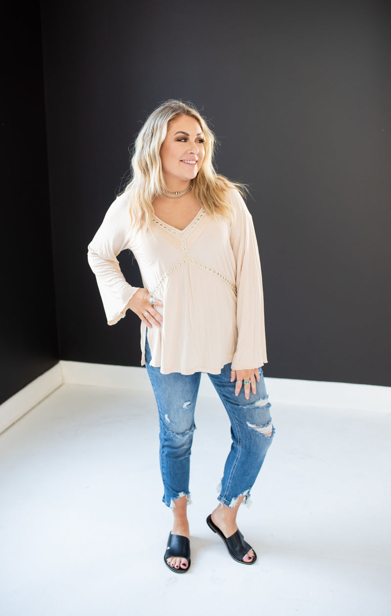 Almond Washed Long Sleeve with Rivets V Neck