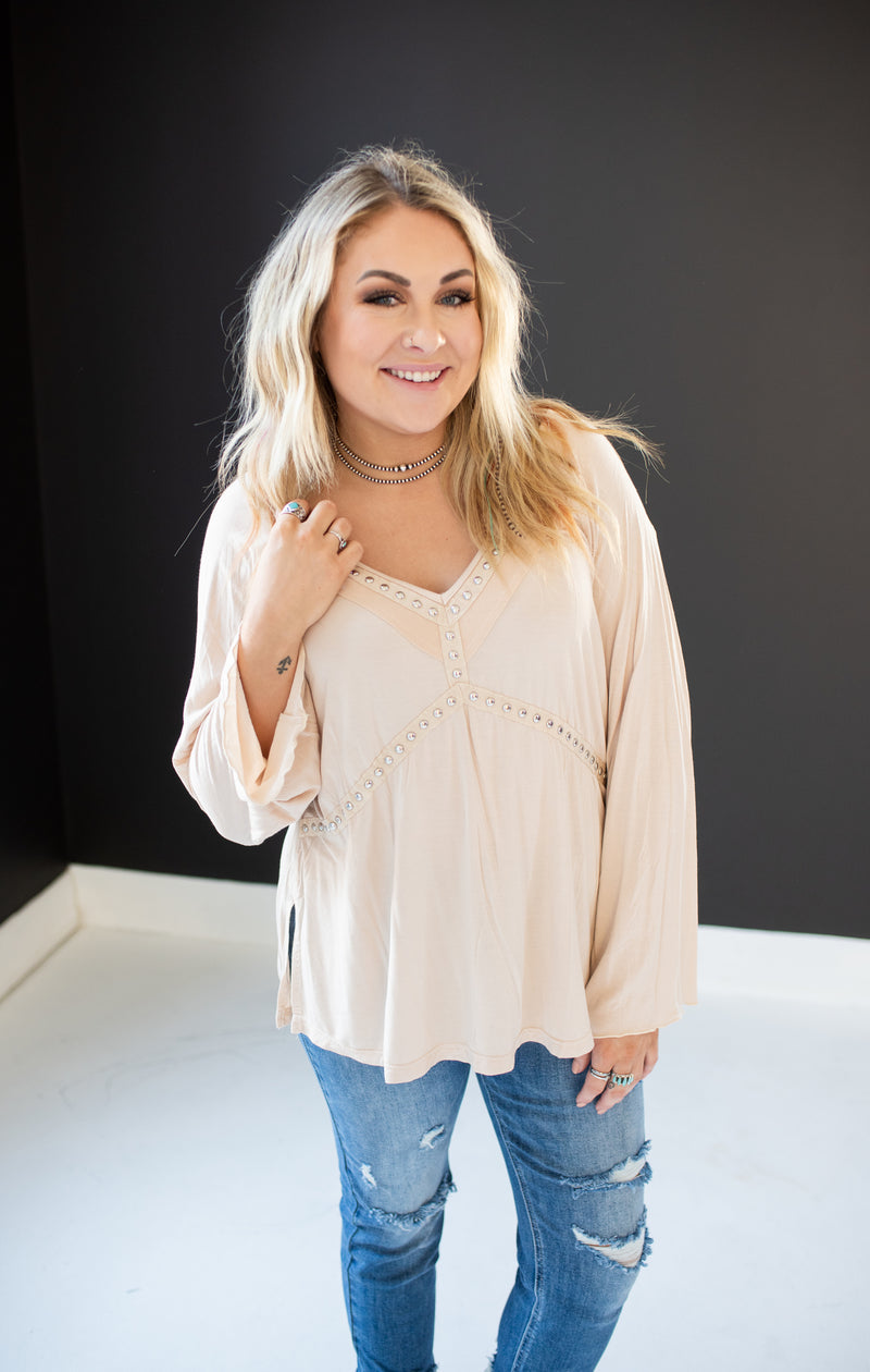 Almond Washed Long Sleeve with Rivets V Neck