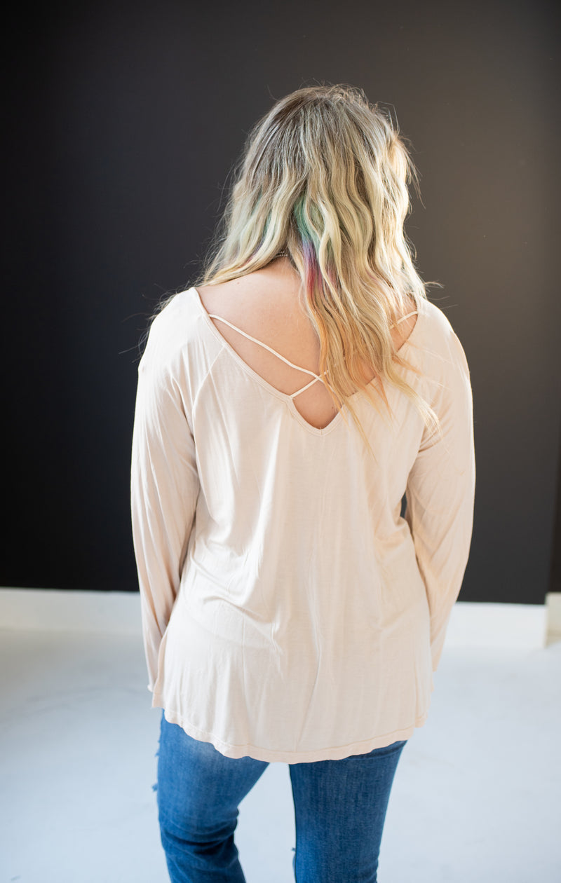 Almond Washed Long Sleeve with Rivets V Neck